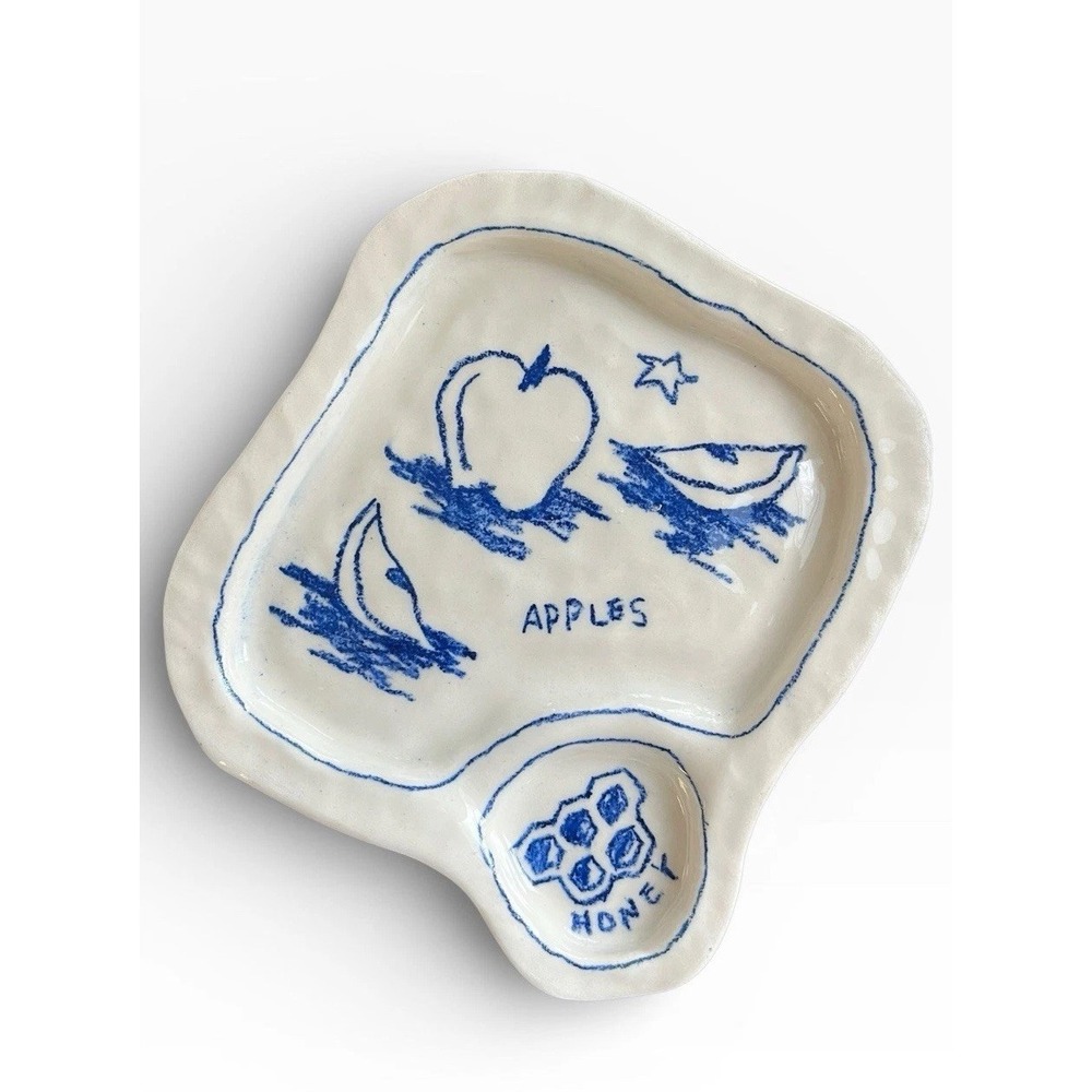 Frank Ceramics Hayom Rosh Hashanah Snack Plate Apple Studio Pottery Judaica Blue